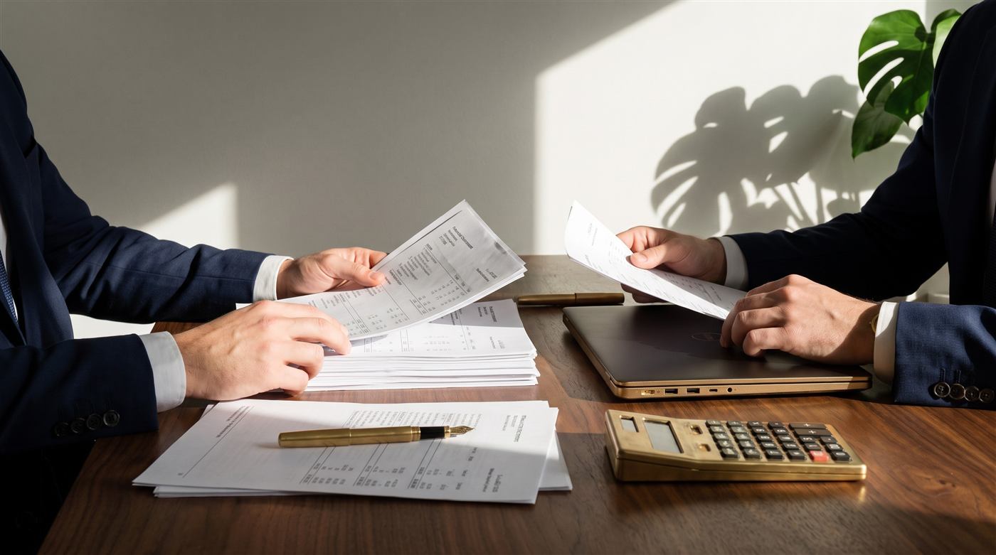 Reviewing financial statements across a desk